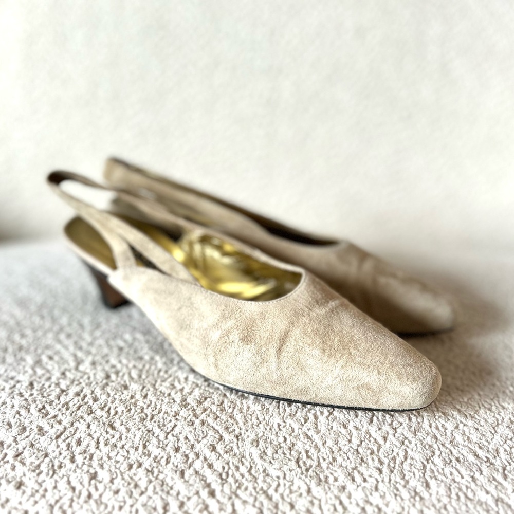 Escada Tan/Neutral Semi-Pointed Toe Kitten Slingback Heels